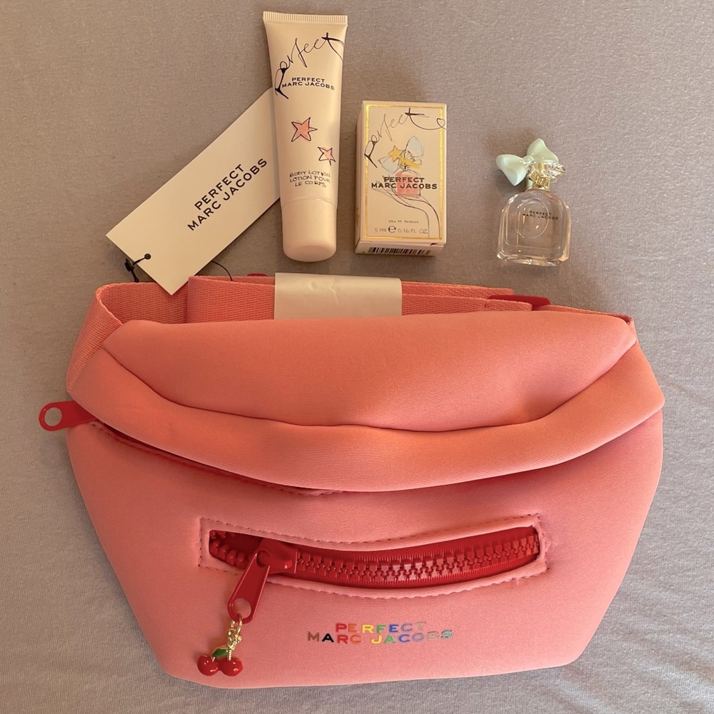 Marc Jacobs belt bag with body lotion and perfume